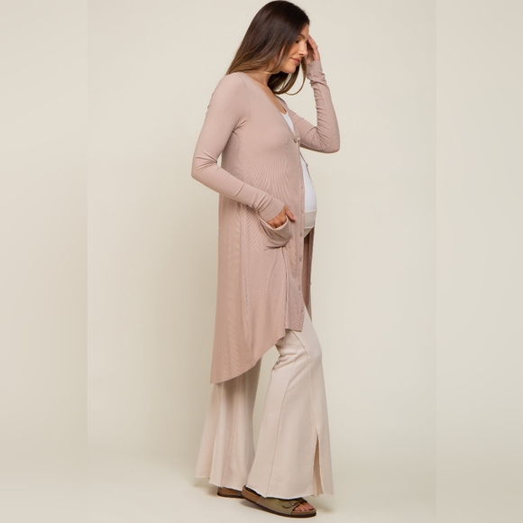 Beige button front knit maternity cardigan - Picture 2 of 7
